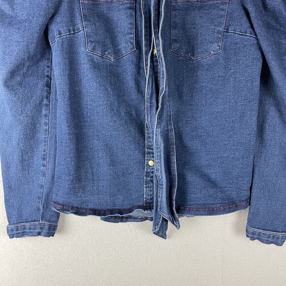 Aaron & Amber Denim Top Womens Large Blue Puff Sleeve Tie Neck Snap Button Heavy - Picture 3 of 16